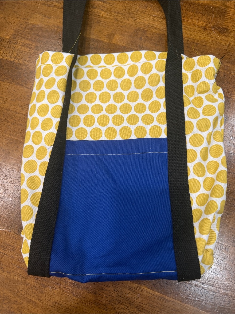 Polka Dot Yellow & Blue Canvas Tote with Black Straps